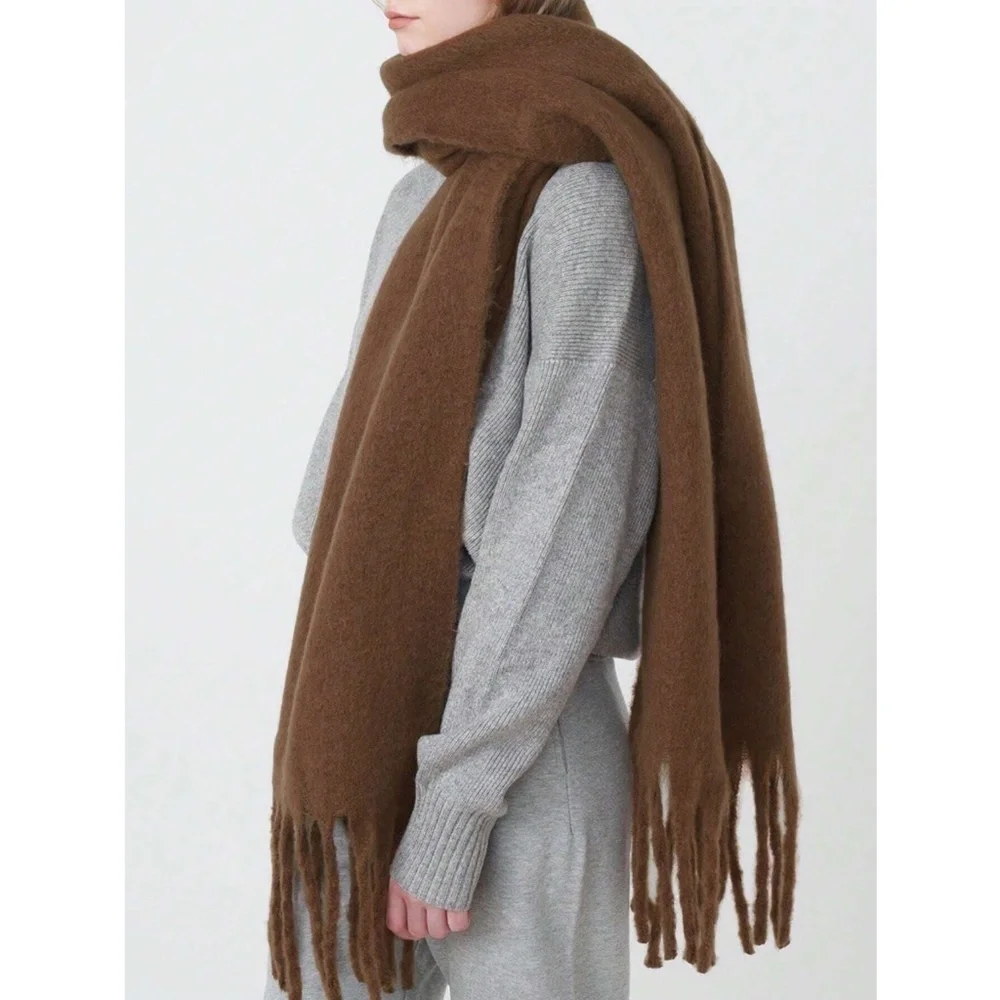 Brown Wide Shawl Scarf With Tassels Fuzzy Knit